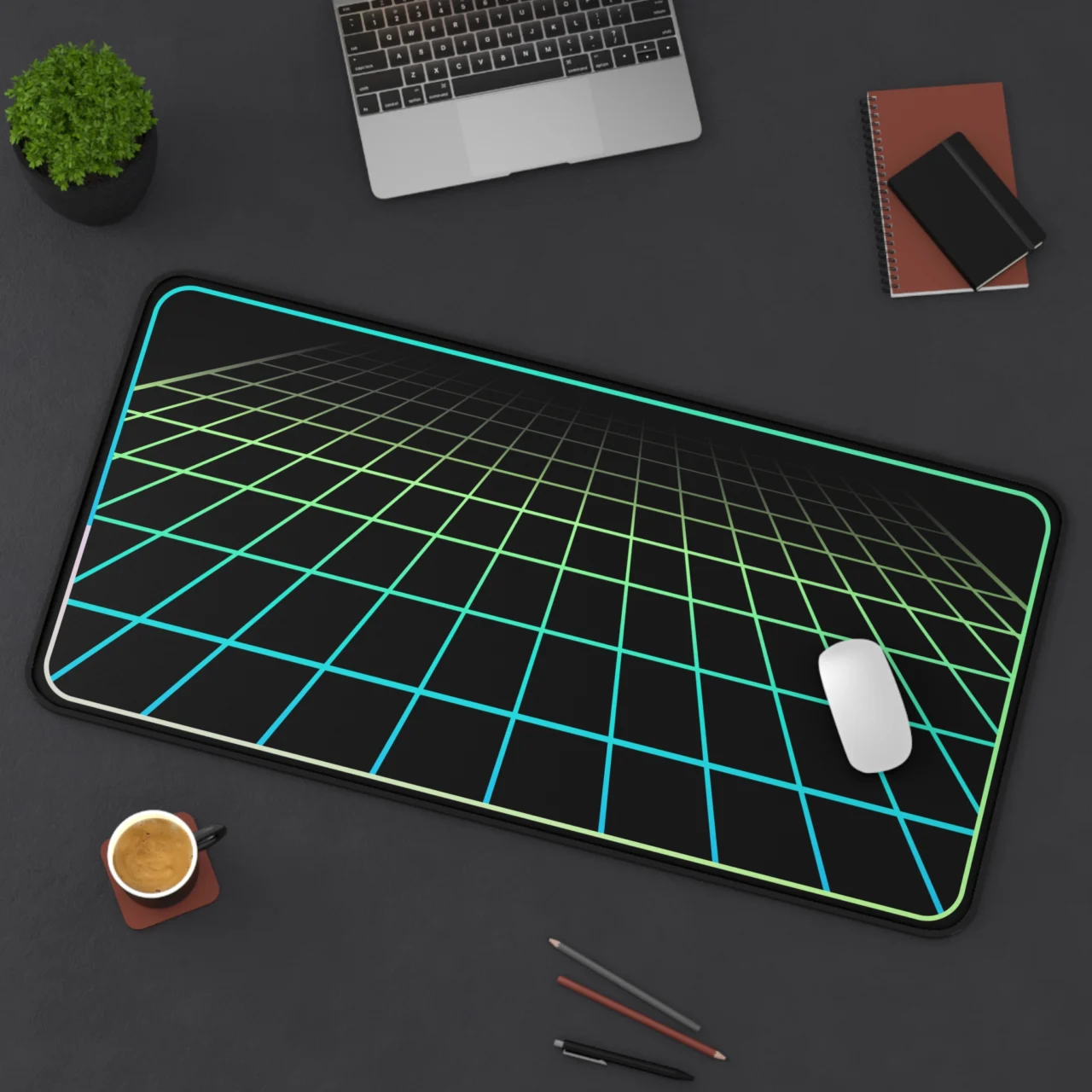 Retro Grid Desk Mat - Futuristic Gaming Pad - Minimalist Green and Cyan Office Decor - Retro Gaming Mousepad