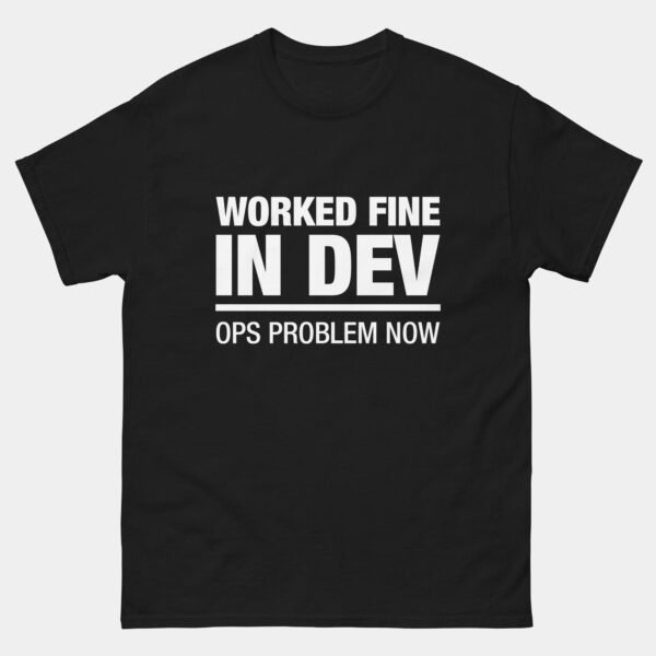 Worked Fine in Dev Ops Problem Now T-Shirt - Sarcastic Developer T-Shirt - Funny DevOps Engineer Shirt - Software Deployment Joke - IT Professional Humor Tee