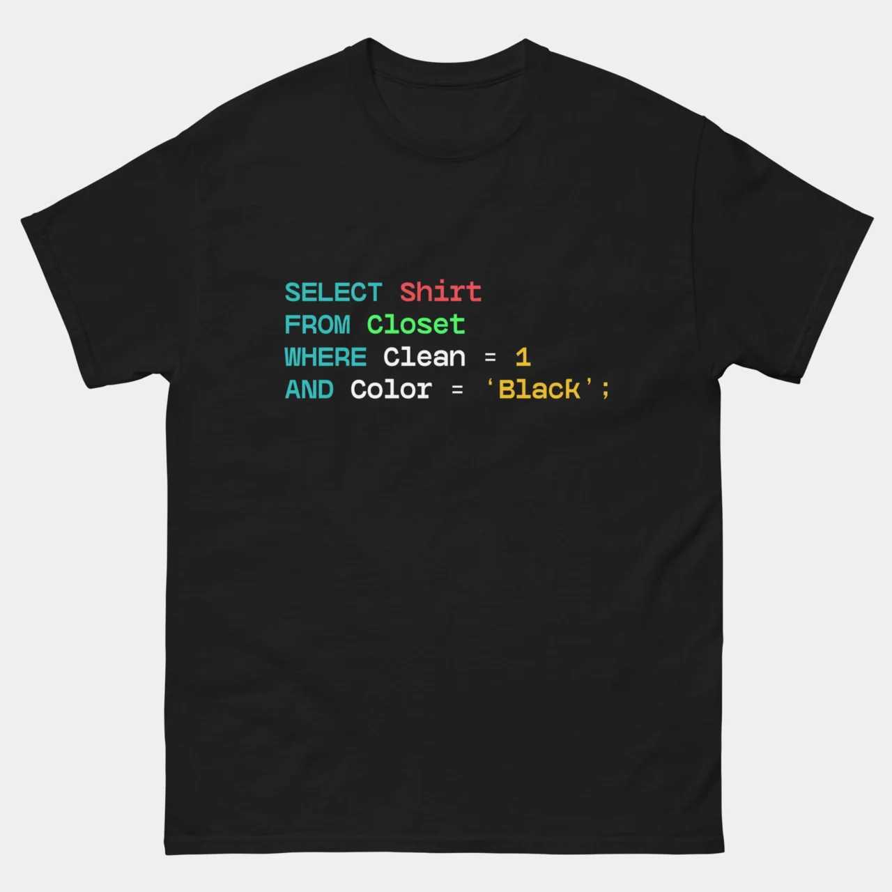 Funny SQL Query Programmer Tee - SELECT Shirt FROM Closet WHERE Clean = 1 AND Color = 'Black' T-Shirt - DBA Coding Humor