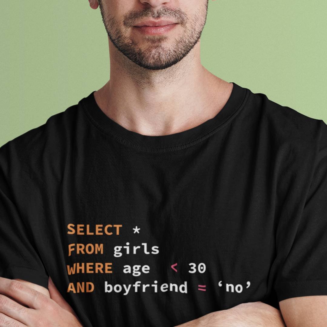 Funny SQL Query Shirt – SELECT FROM Girls WHERE Age 30 AND No Boyfriend T-Shirt