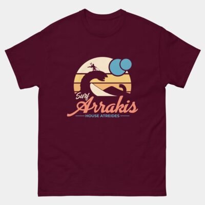 Surf Arrakis House Atreides T-Shirt - Sandworm Surfer Movie Inspired Tee - Sci-Fi Fantasy Geek Shirt - Film Parody Graphic Tee