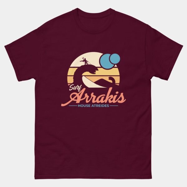 Surf Arrakis House Atreides T-Shirt - Sandworm Surfer Movie Inspired Tee - Sci-Fi Fantasy Geek Shirt - Film Parody Graphic Tee