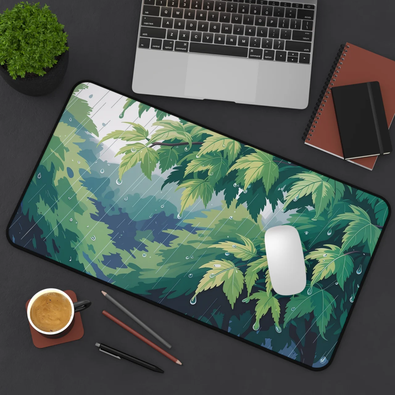 Rainy Forest Desk Mat - Green Leaves Mouse Pad - Nature Aesthetic Decor - Raindrop Keyboard Mat - Peaceful Office Art