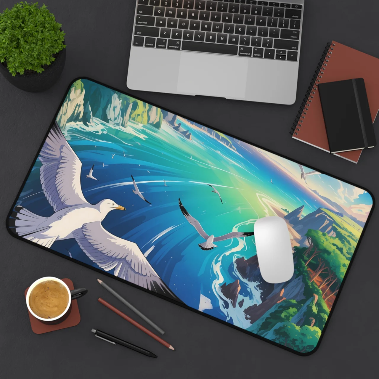 Flock of Sea Birds Desk Mat - Nature-Inspired Coastal Workspace Decor - Blue Ocean Water Coast Mousepad - Serene Flying Bird Desk Pad