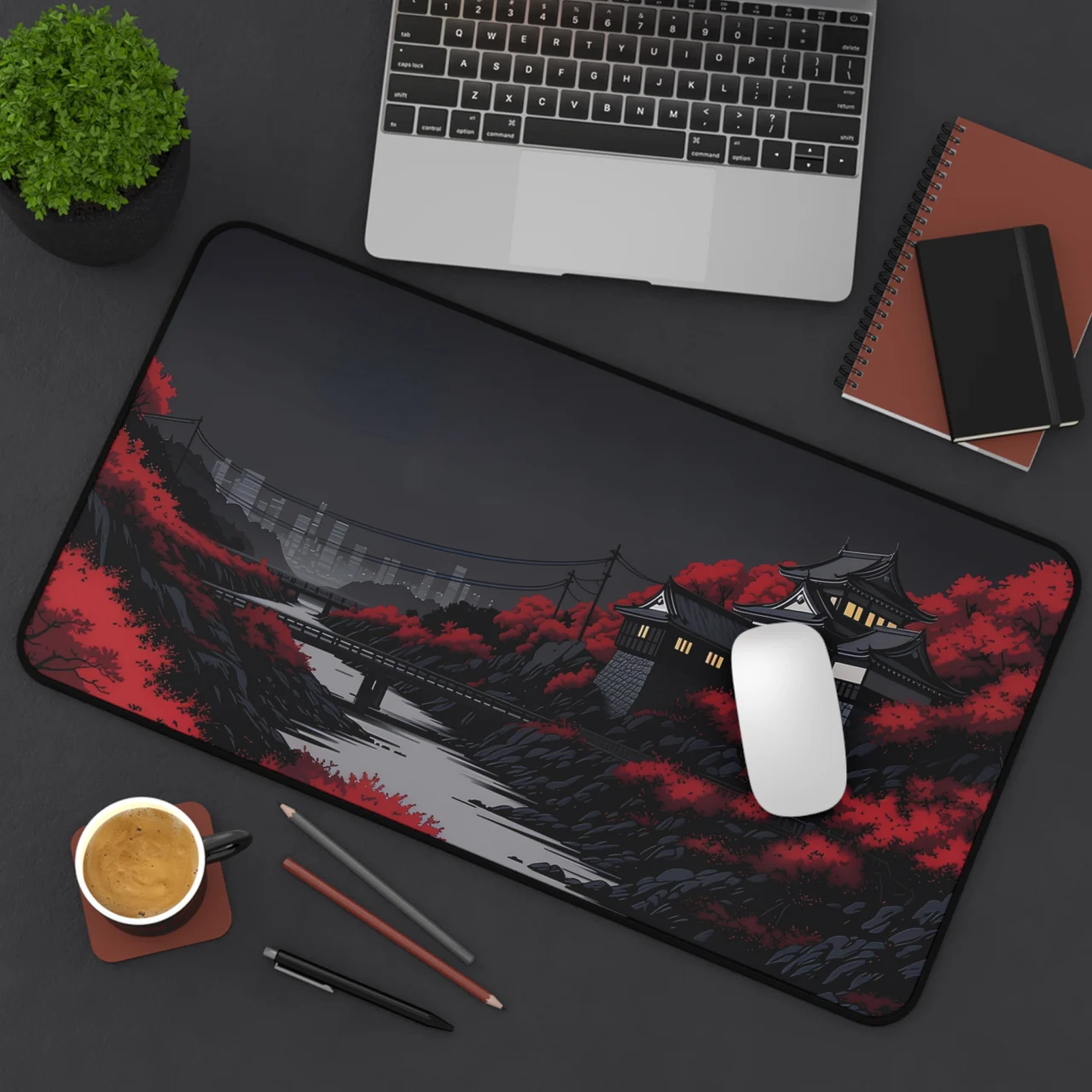 Japanese Castle Desk Mat - Dark Aesthetic Mouse Pad - Red Maple Gaming Mousepad - Anime Lofi Setup Decor - Large XL Keyboard Pad