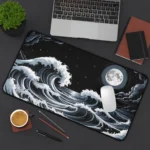 Night Ocean Wave Desk Mat - Black and White Dark Ocean Desk Pad - Aesthetic Office Decor - Crashing Wave Mousepad - Japanese Anime XXL Gaming Pad
