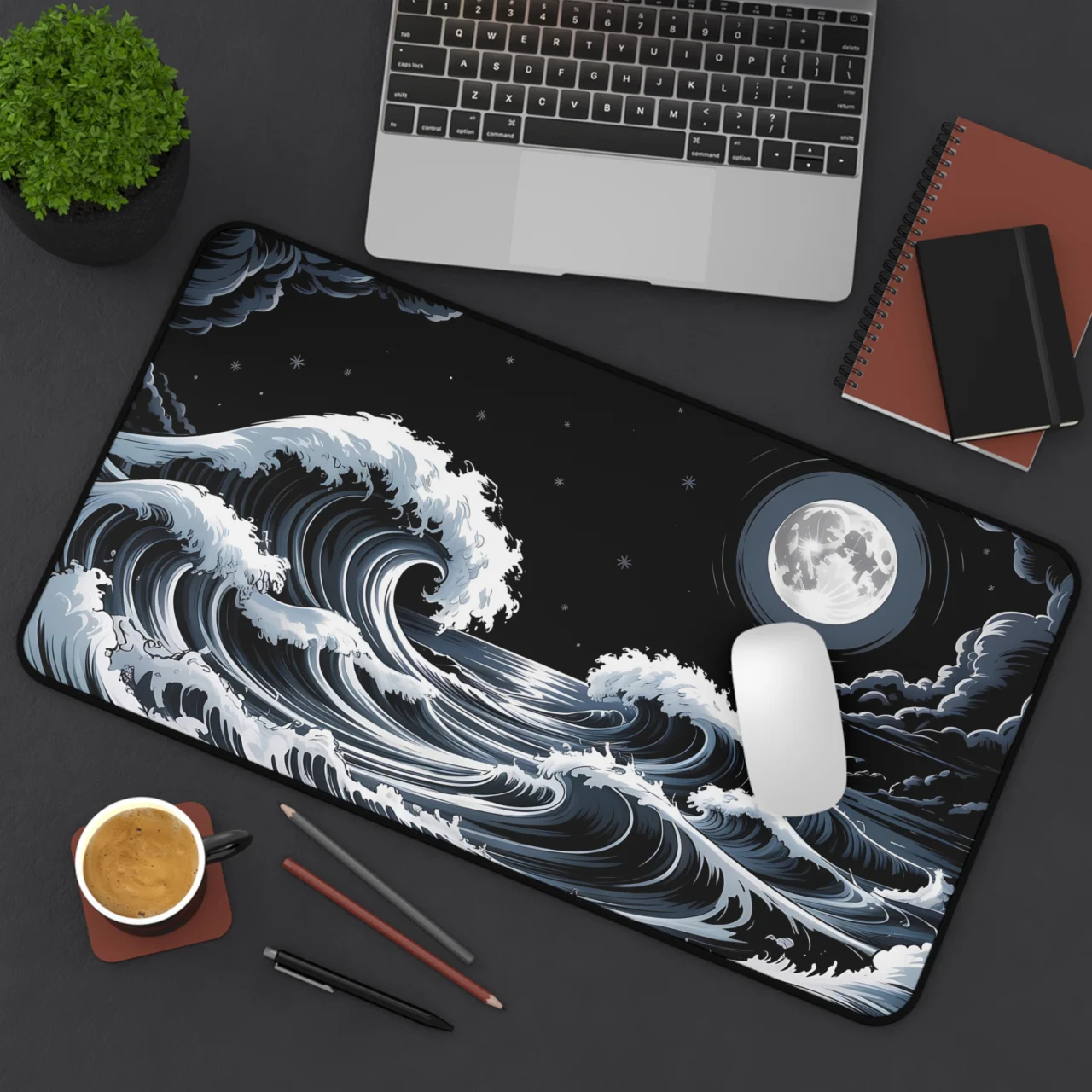 Night Ocean Wave Desk Mat - Black and White Dark Ocean Desk Pad - Aesthetic Office Decor - Crashing Wave Mousepad - Japanese Anime XXL Gaming Pad