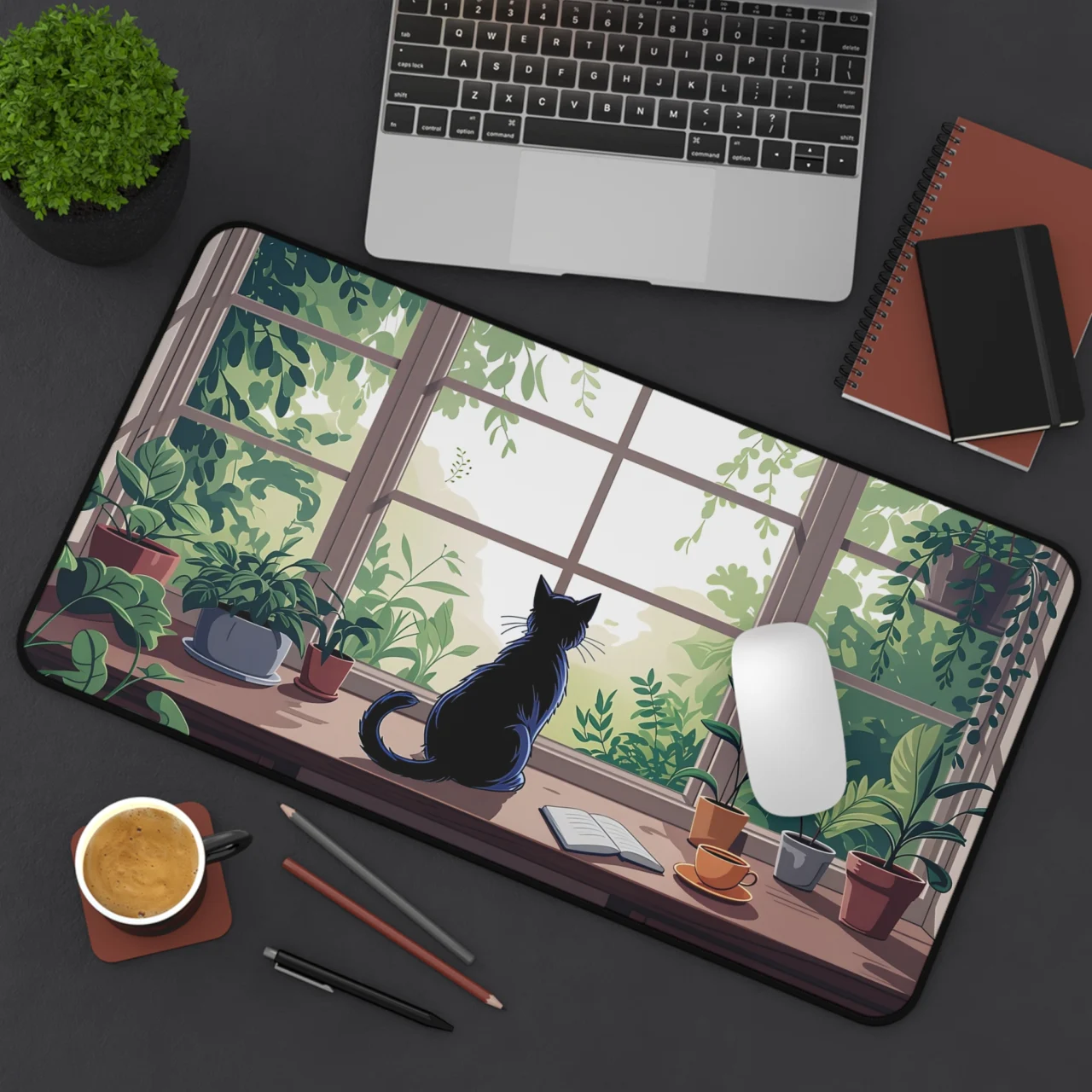 Black Cat Desk Mat - Cozy Houseplant Mouse Pad - Cottagecore Nature Office Decor - Aesthetic Large Keyboard Pad - Cat Lover Gift