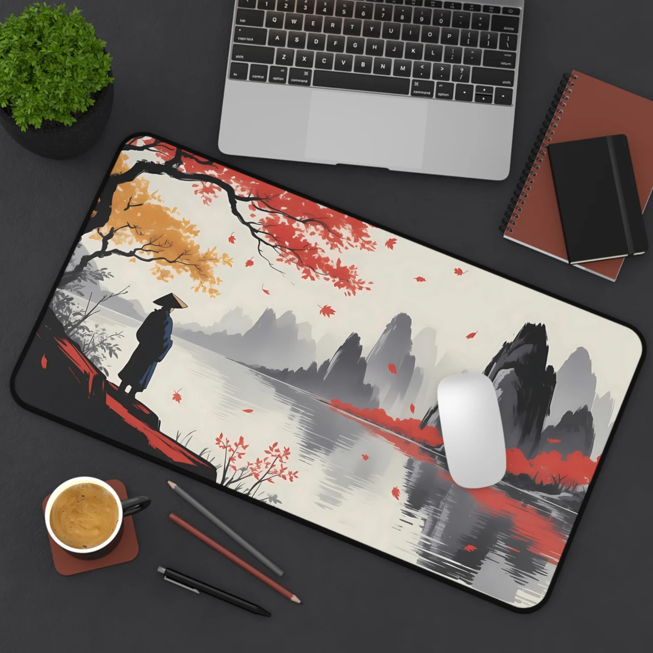 Riverside Japan Desk Mat - Serene Japanese Landscape Mouse Pad- Anime Lofi Office Decor - Oversized Gaming Desk Pad - Zen Asian Mountain Mousepad