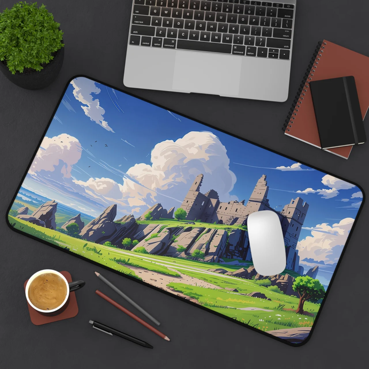 Ruined Castle Desk Mat - Fantasy Landscape Mouse Pad - Anime Gaming Mousepad - Legend Adventure Setup Decor - XL Keyboard Mat