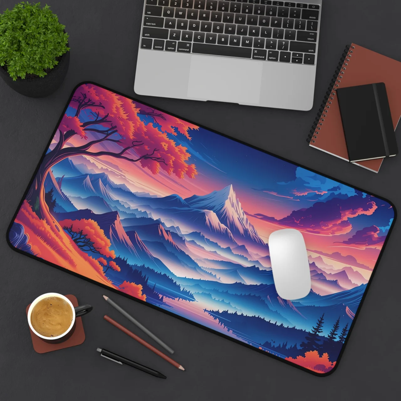Vibrant Mountain Desk Mat - Synthwave Landscape Mouse Pad - Retrowave Gaming Decor - Neon Sunset Keyboard Mat - XL Valley View Pad
