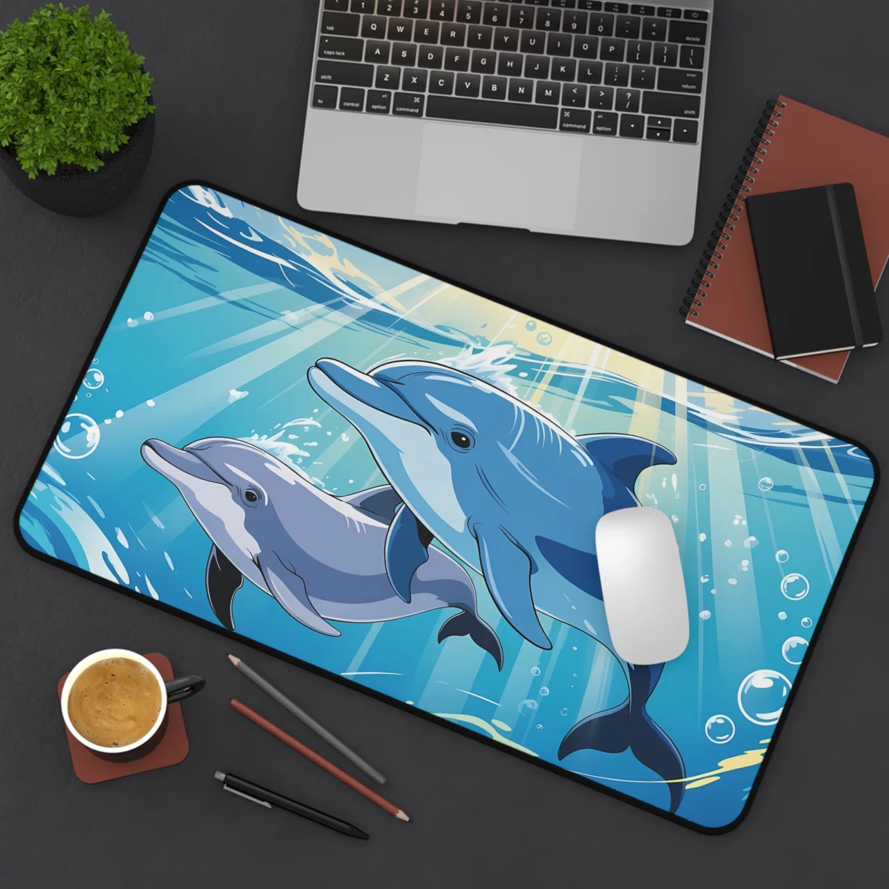 Dolphin Desk Mat - Ocean Life Mouse Pad - Blue Water Aesthetic Decor - Marine Animal Keyboard Mat - Summer Vibes Office Art