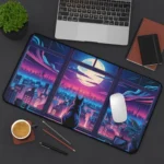 Moonlit Cat Desk Mat - Lofi City Skyline Gaming Mouse Pad - Cyberpunk Kitty Office Decor - Cute Black Cat Lover Gift