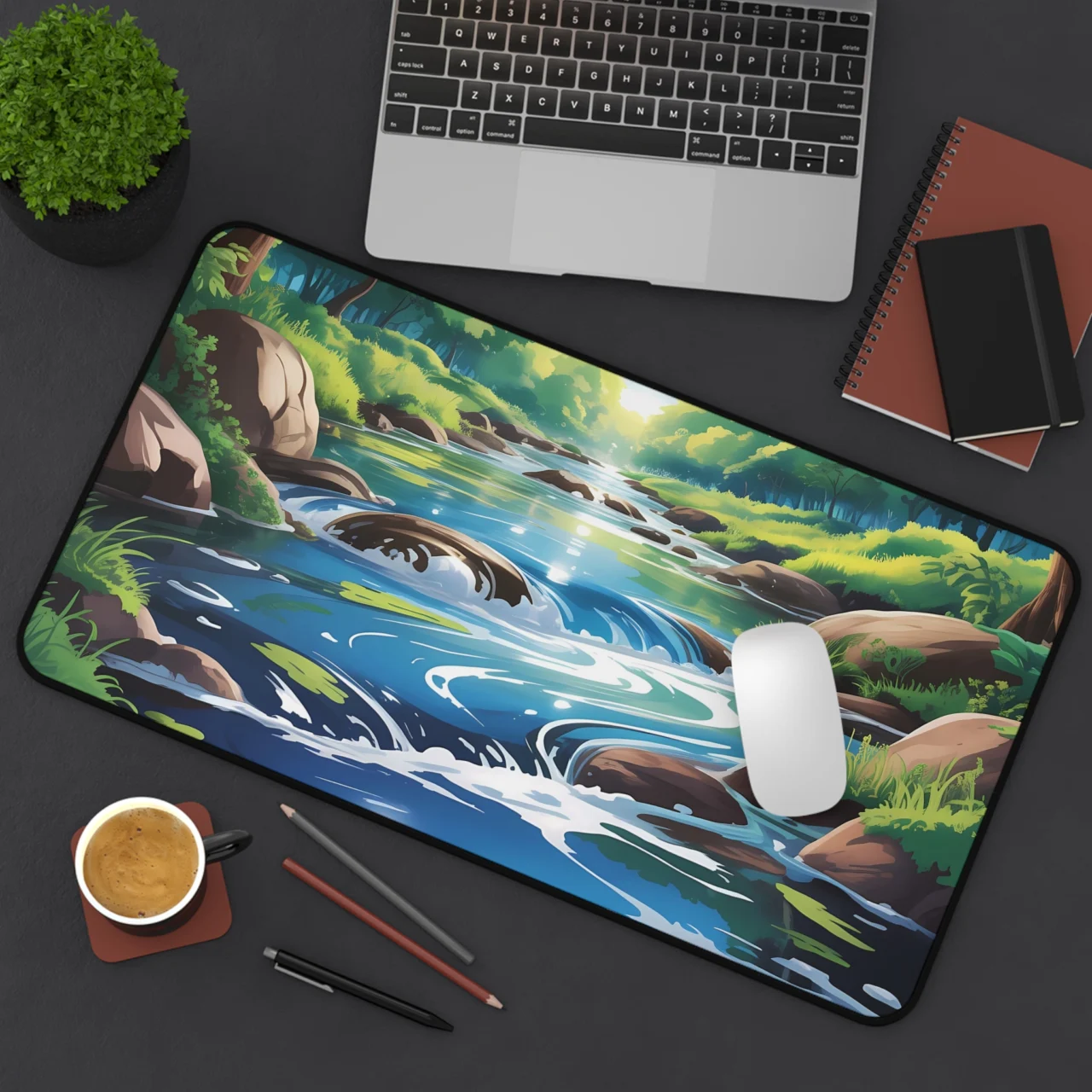 Forest River Desk Mat - Nature Stream Mouse Pad - Lush Green Aesthetic Decor - Water Flow Keyboard Mat - Peaceful Office Art