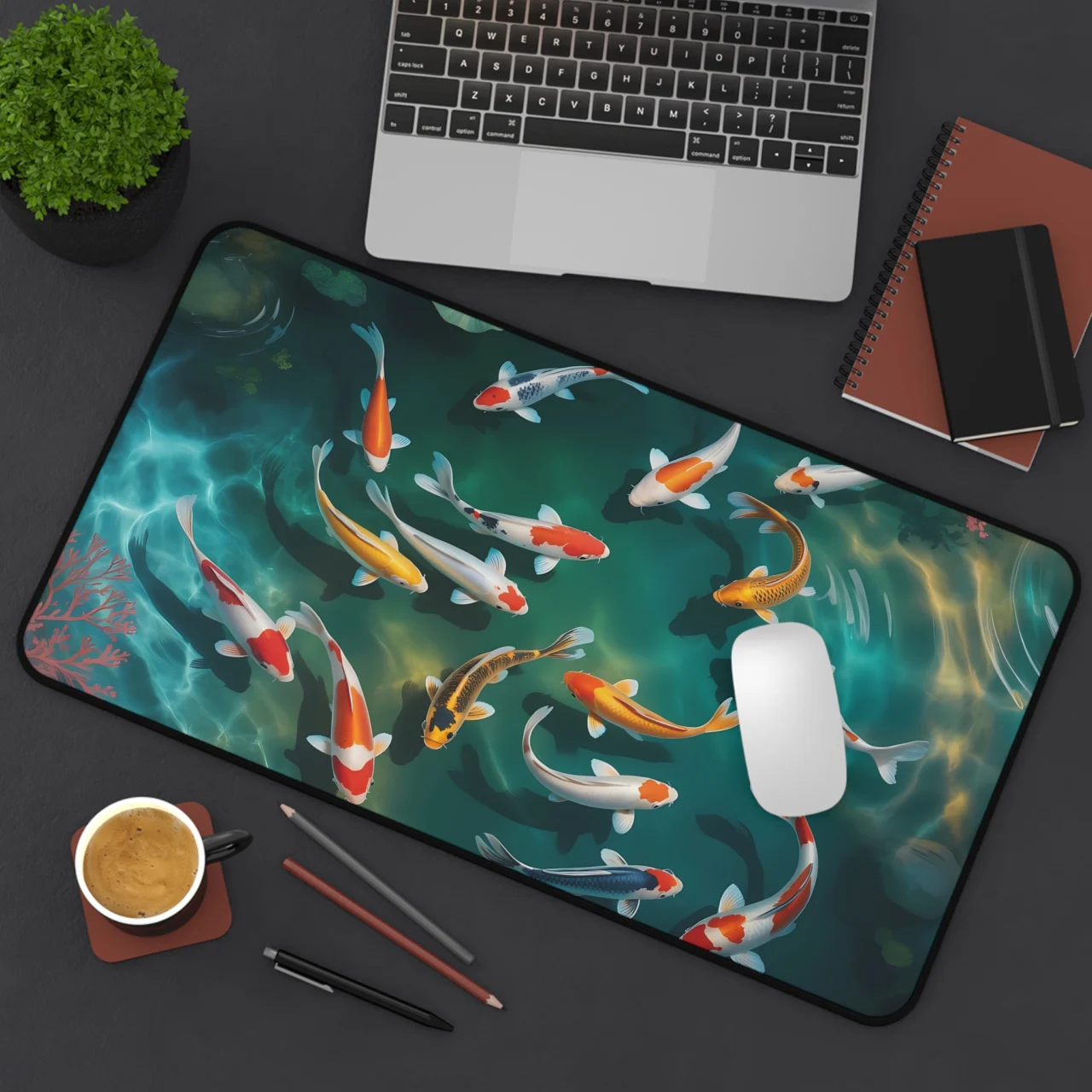Vibrant Koi Pond Desk Mat - Japanese Fish Pond Office Decor - Zen Home Desk Accessory - Gift for Fish Lovers - Calm Cute Workspace Decor