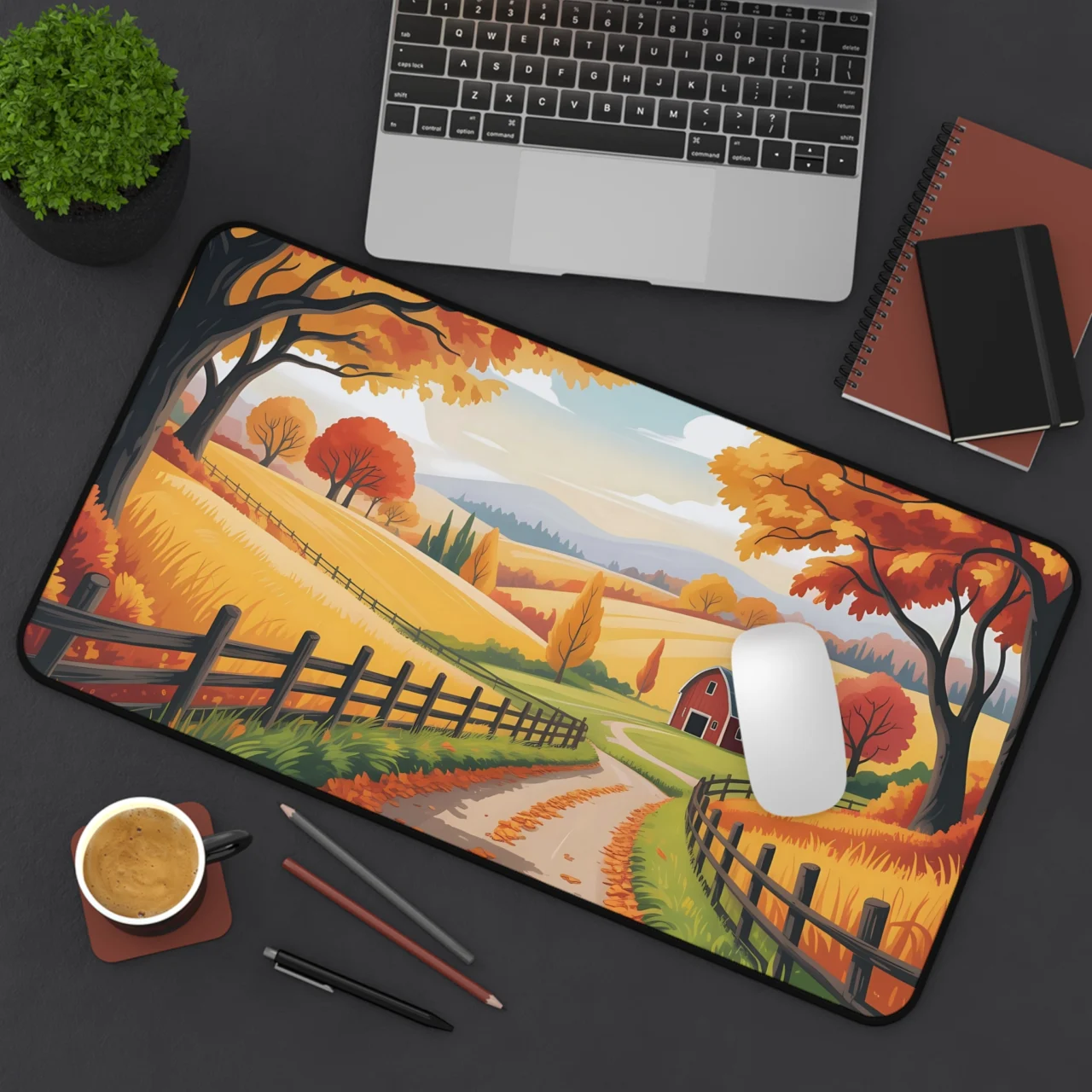 Autumn Farm Desk Mat - Cozy Fall Landscape Mouse Pad - Harvest Aesthetic Office Decor - Orange Yellow XL Keyboard Mat - Farmhouse Cottagecore Setup