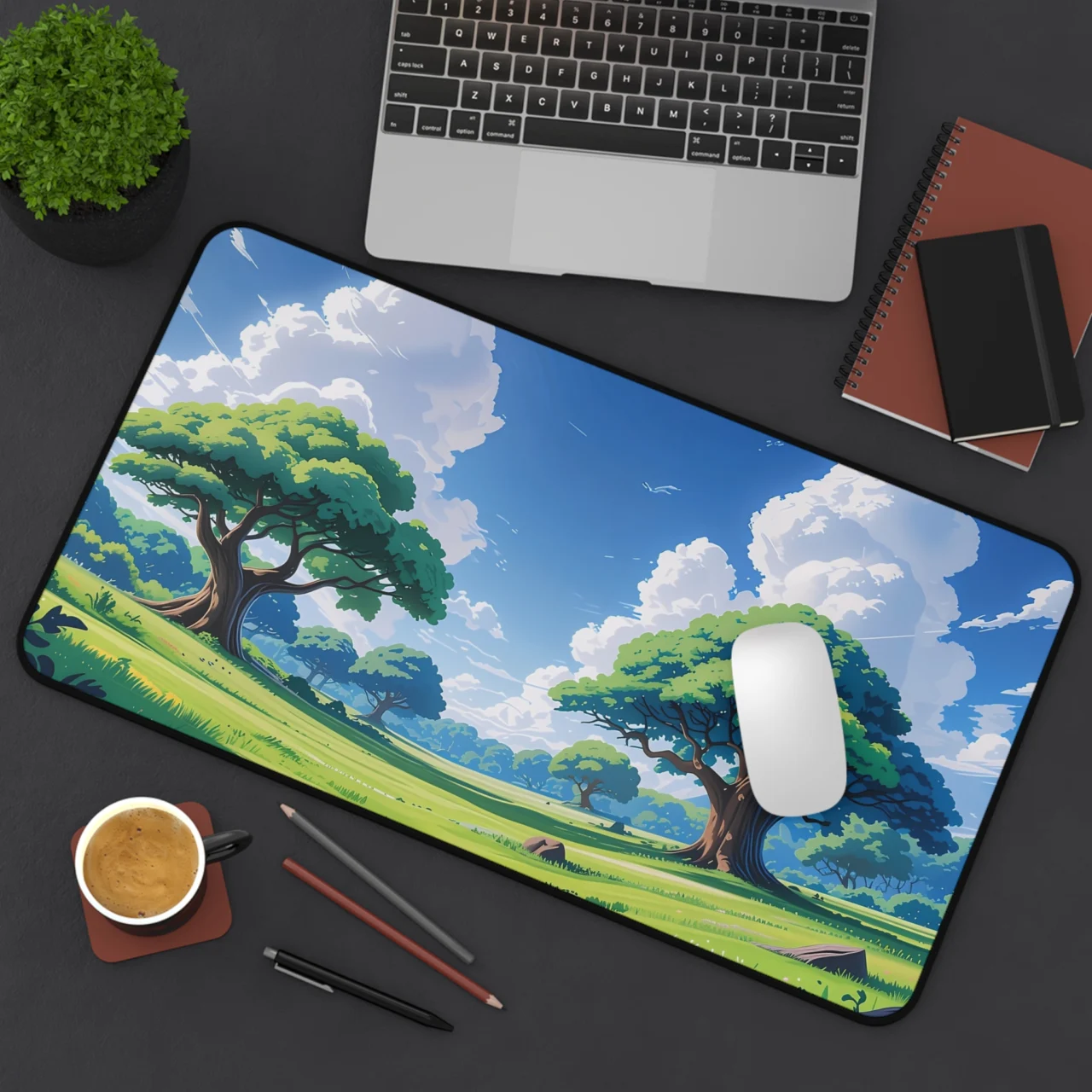 Sunny Landscape Desk Mat - Rolling Hills Mouse Pad - Anime Aesthetic Decor - Bright Green Keyboard Mat - Open Field XL Pad