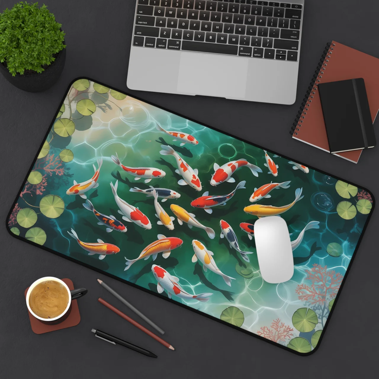 Japanese Koi Fish Pond Desk Mat - Studio Ghibli Inspired Anime Lofi Gaming Mouse Pad - Zen Office Vibes Decor - Cute Gift for Fish Lovers