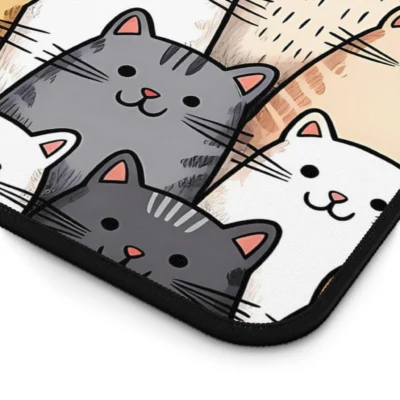 Large developer desk mat with funny stacked cat design on a wooden desk with a black mechanical keyboard - Developer Desk Mats