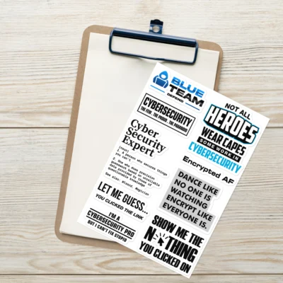 Clipboard showing a sticker sheet of funny programmer laptop stickers for cybersecurity including cybersecurity decals and IT humor vinyl on a wooden table surface.
