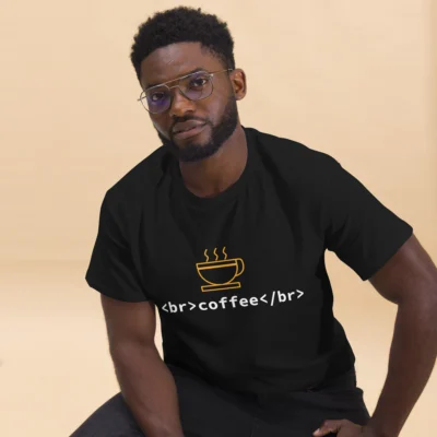 A male developer wearing a black shirt with the funny saying in html code "coffee break" - Funny Programmer, Science, & Geek T-Shirts