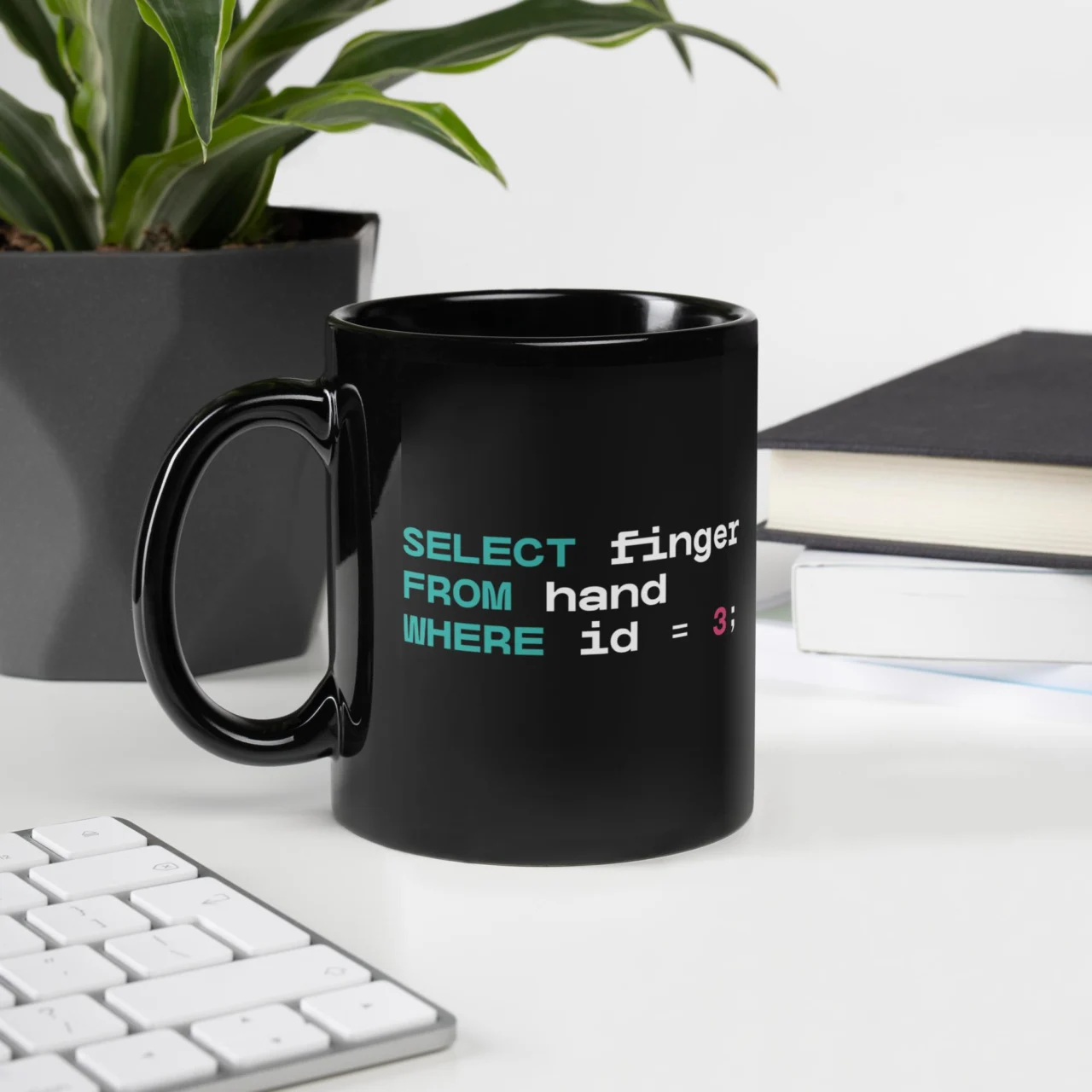 SELECT finger from hand WHERE id = 3 Mug - Funny SQL Query Humor - Programmer Coder Joke Cup - Database Administrator DBA Gift