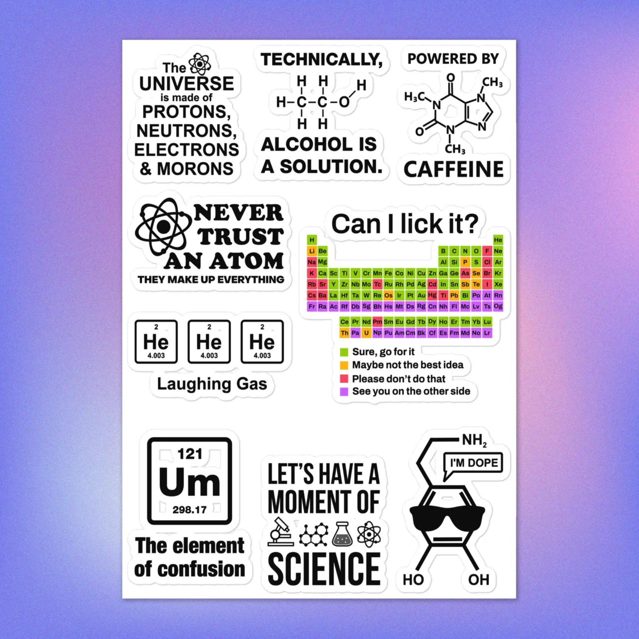 Chemistry Stickers Pack Sheet - Funny Science Sayings for Chemists & Teachers - Element Molecule Puns - Caffeine Atom Humor Decals