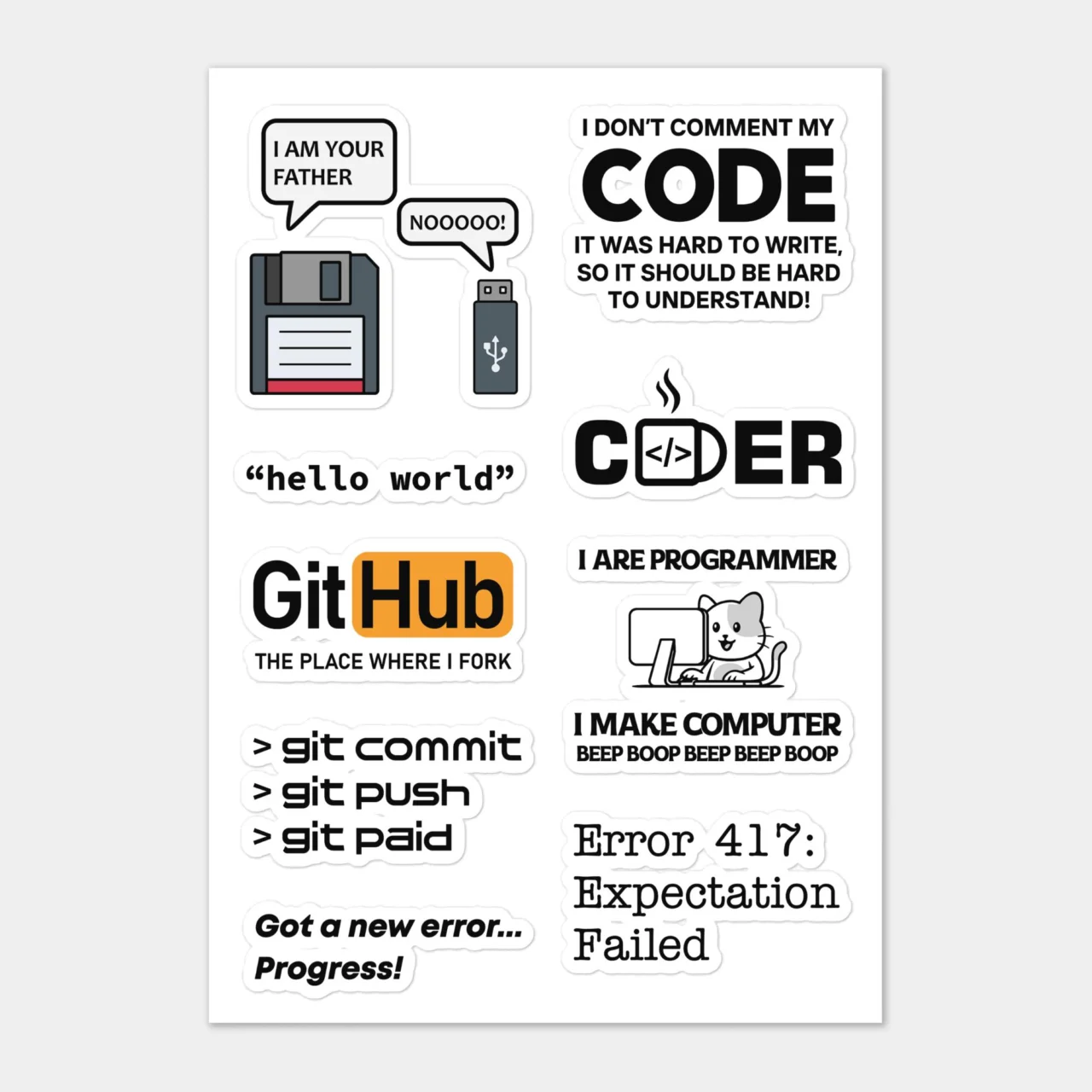 Classic Programmer Meme Sticker Sheet - Funny Coder Laptop Decals - "Floppy Disk I'm Your Father" Tech Gifts - Git Commit Coffee Coder Humor