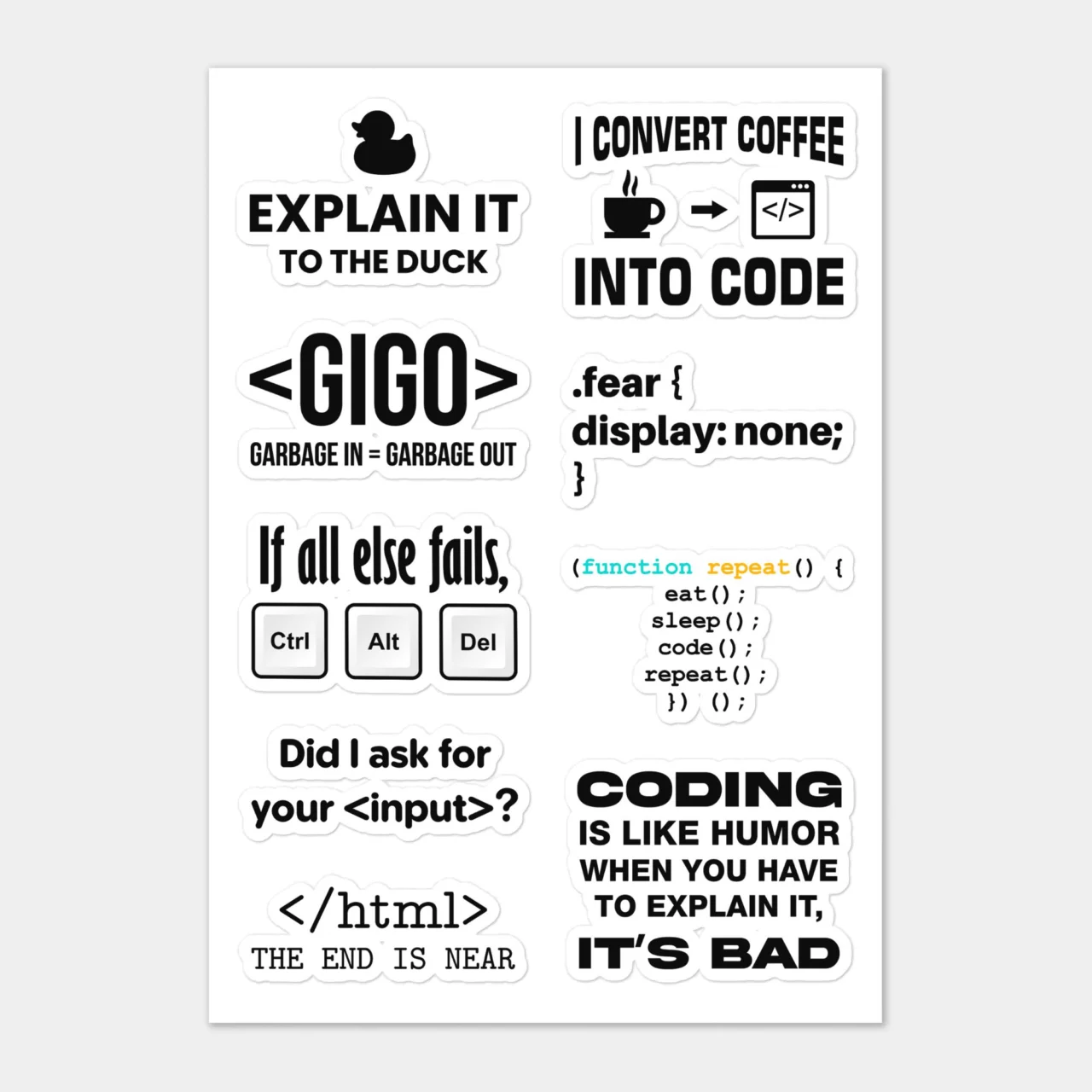 Coding Philosophy Sticker Sheet - Funny Programmer Laptop Decals - "Explain It To The Duck" Gift - Coffee Into Code Tech Humor