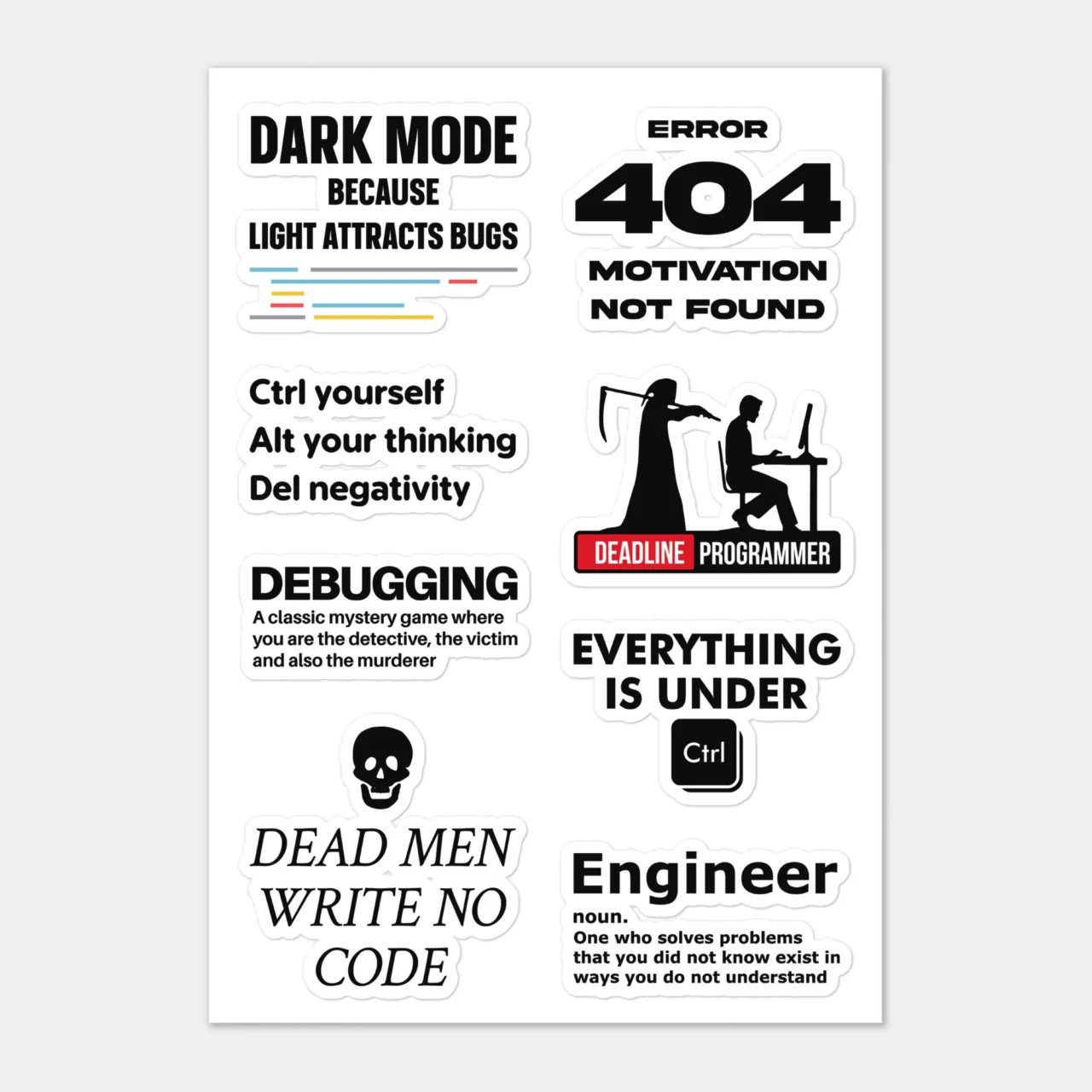 Dark Programmer Humor Sticker Sheet - Funny Developer Debugging Decals - "Dark Mode Attracts Bugs" Laptop Stickers