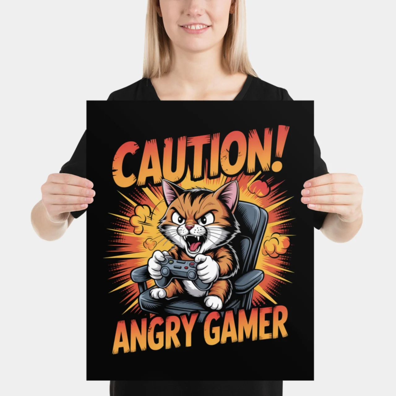 Caution Angry Gamer Poster - Funny Cat Gaming Wall Decor - Hilarious Game Room Notice Plaque - Video Game Fan Gift