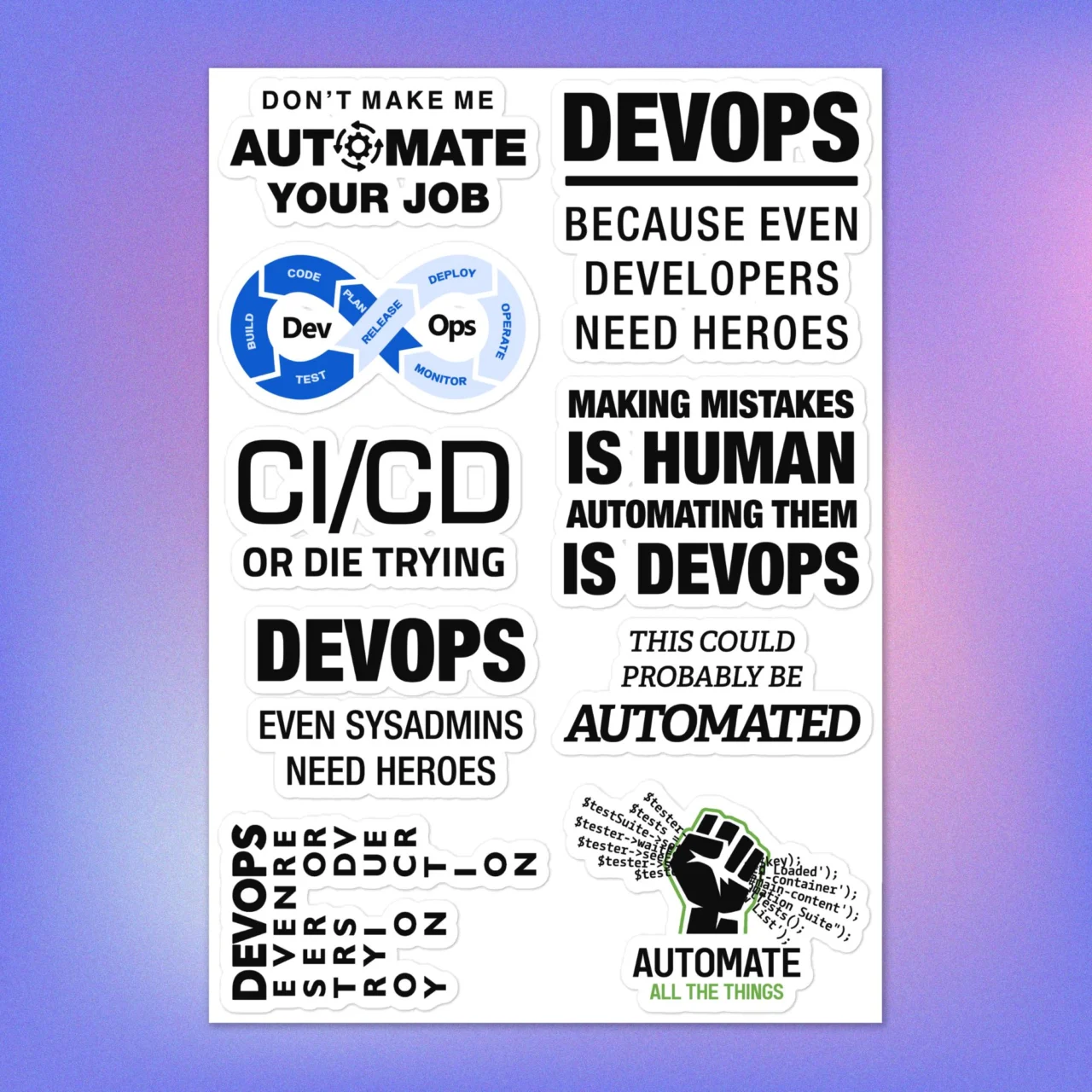 Funny DevOps Stickers Pack Sheet - Automation Sysadmin Developer Humor Decals - DevOps Engineer Process Plan Code Gift
