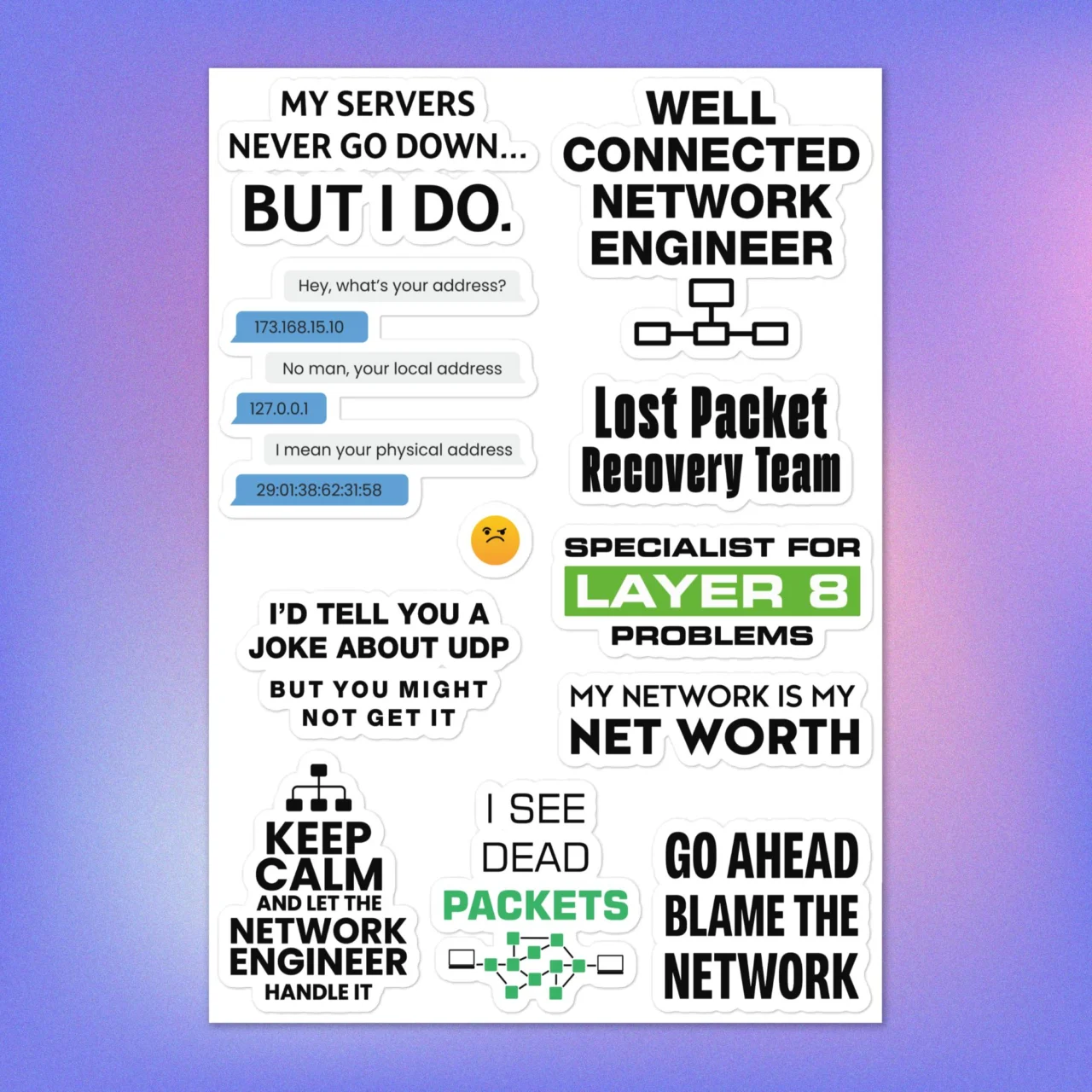 Funny Network Engineer Stickers Pack - Funny Network Engineer Sayings Sticker Sheet - Specialist for Layer 8 Problems Laptop Decals