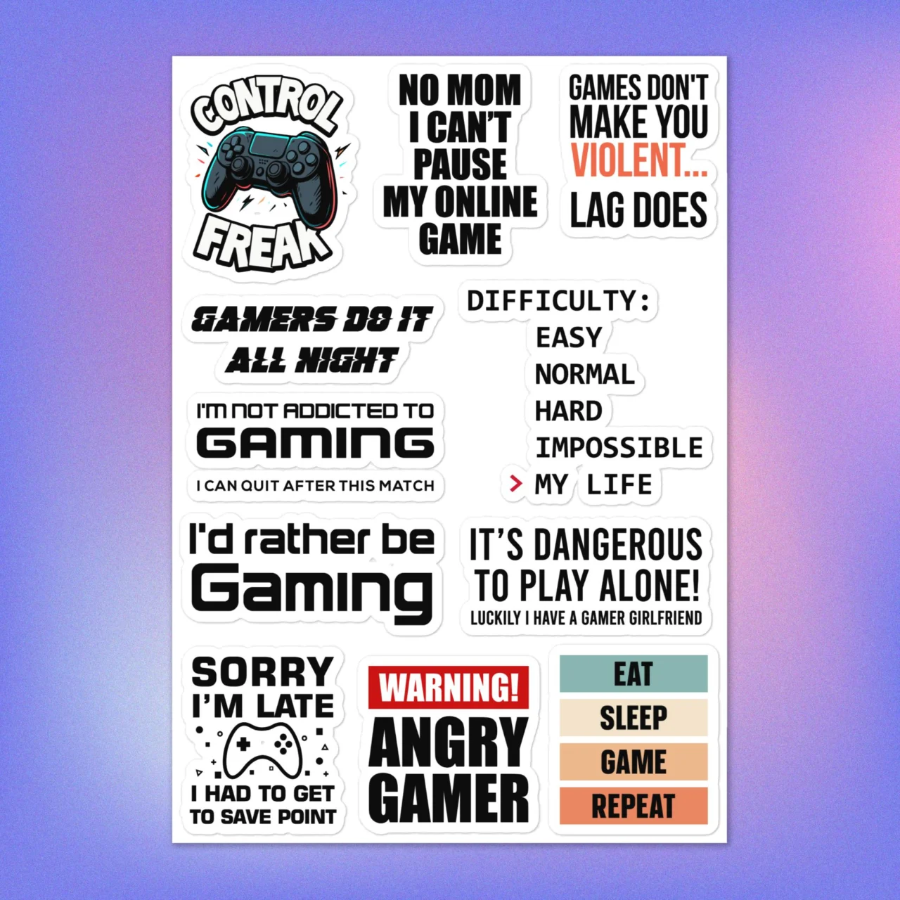Gamer Sticker Pack Sheet - Funny Video Gaming Sayings & Excuses Sticker Sheet - No Pause Controller Decals - Worlds Okayest Gamer Gift