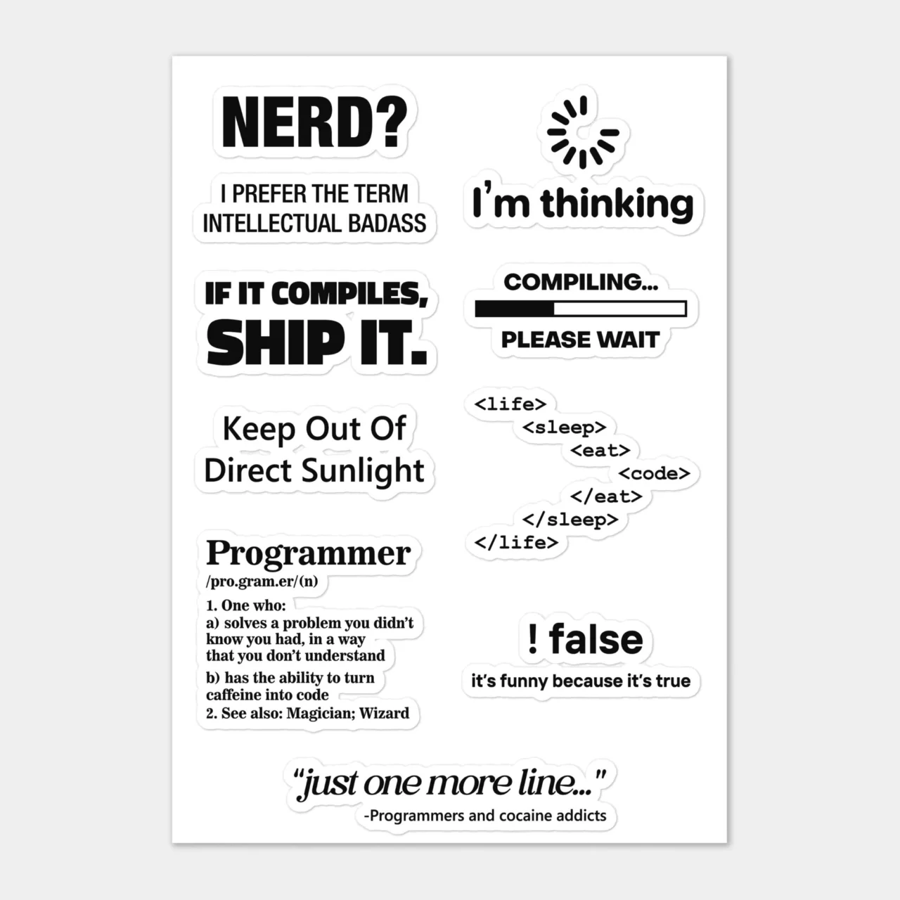 Intellectual Badass Sticker Sheet - Funny Programmer Definition Decals - "If It Compiles, Ship It" Tech Humor - Nested Code Life Laptop Stickers