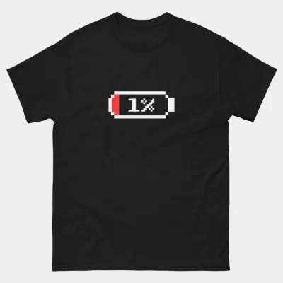 Black 1% Low Battery T-Shirt with a red and white pixelated low power icon showing 1%. A funny Pixel Art Tech Anxiety Tee and Gamer Humor Gift.