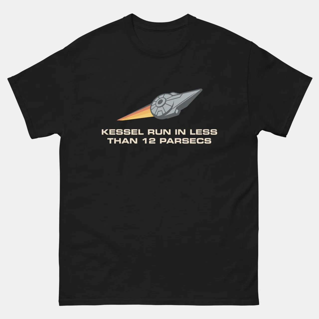 Black Kessel Run in Less Than 12 Parsecs T-Shirt with a white and gray stylized spaceship graphic. A funny Sci-Fi Movie Geek Gift and Movie Humor Tee.