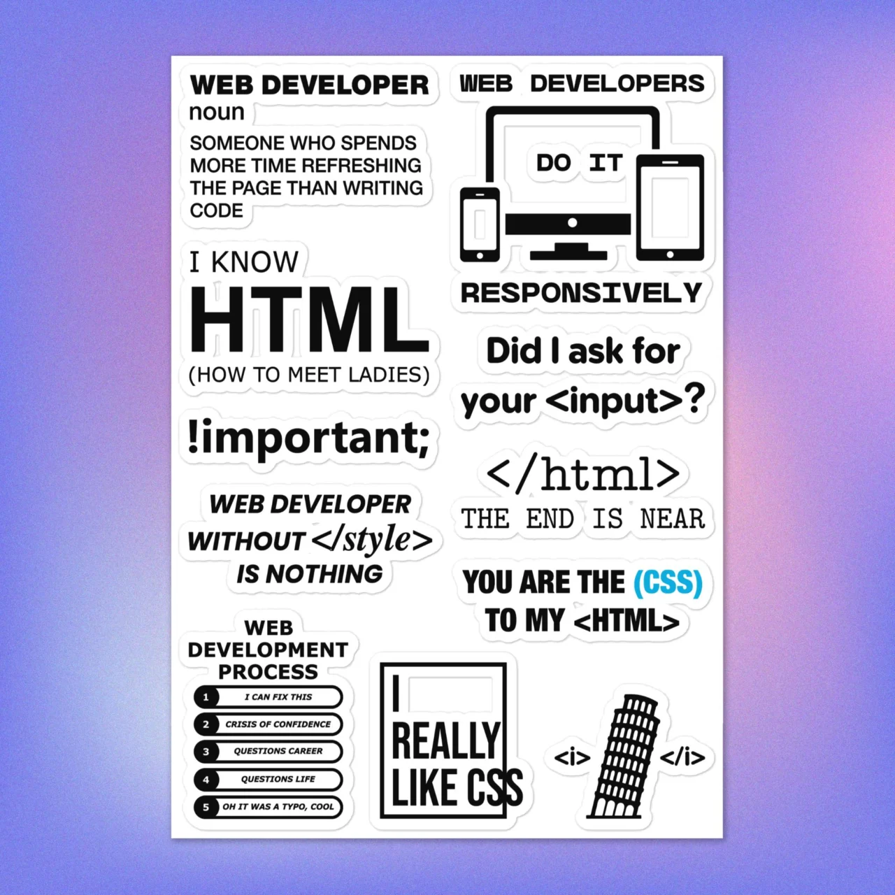Web Developer Sticker Pack Sheet - Funny HTML CSS Coding Sayings Sheet - Responsive Design Decals - Front End Developer Gift
