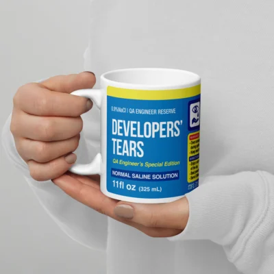 Developers' Tears Mug - Funny Programmer Gift - Sarcastic Dark Humor Coffee Cup - QA Tester Manager Gift - Software Development Office Accessory