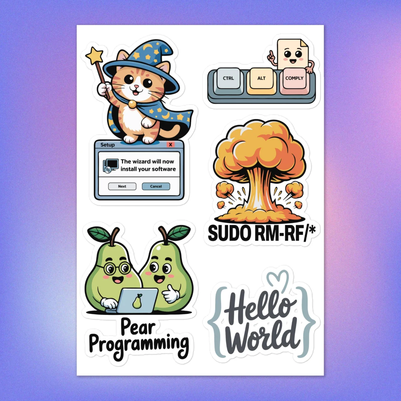 Full sheet of 6 Computer Geek Sticker Pack including "Pear Programming," "SUDO RM-RF" explosion, the "Wizard Cat," and "CTRL ALT COMPLY" graphics