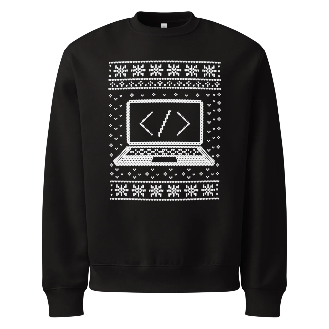 Black Computer Programmer Ugly Christmas Sweater with a white pixel-art Ugly Christmas Sweater border surrounding a laptop icon with code brackets. This is a Minimalist Programmer Sweatshirt.