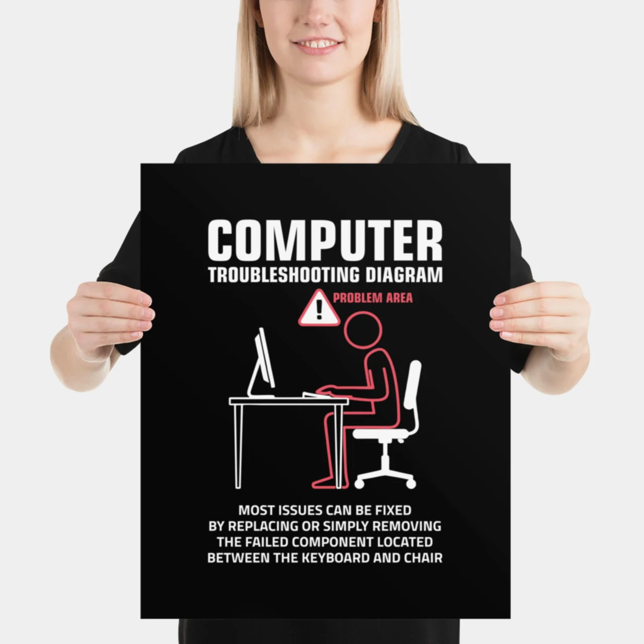 Black Computer Troubleshooting Diagram poster that labels the user sitting in the chair as the "Problem Area." The text states that the issue is the component "located between the keyboard and chair." Ideal as a Tech Support Gift.
