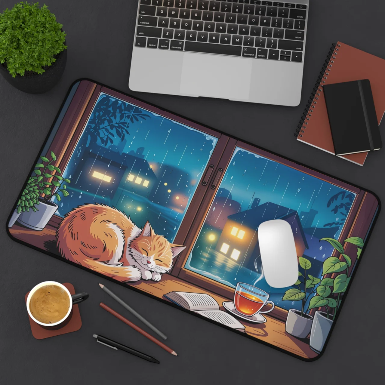 Cozy Rainy Night Cat Desk Mat - Lofi Mousepad featuring an orange tabby cat sleeping on a windowsill next to a cup of tea and a book, with a rainy night sky and glowing houses in the background.