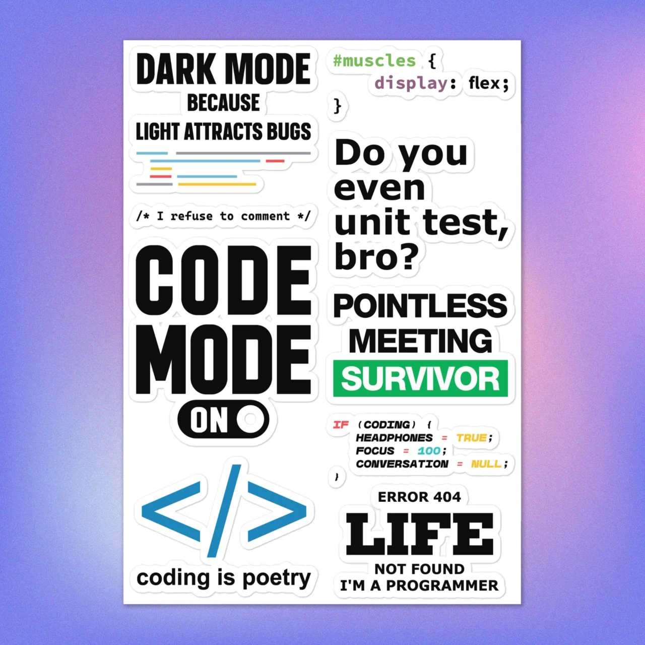 9-pack of Funny Developer Debugging Sticker Pack & Meeting Stickers. Features "Dark Mode," "Pointless Meeting Survivor," and "Do You Even Unit Test, Bro?" Decals.