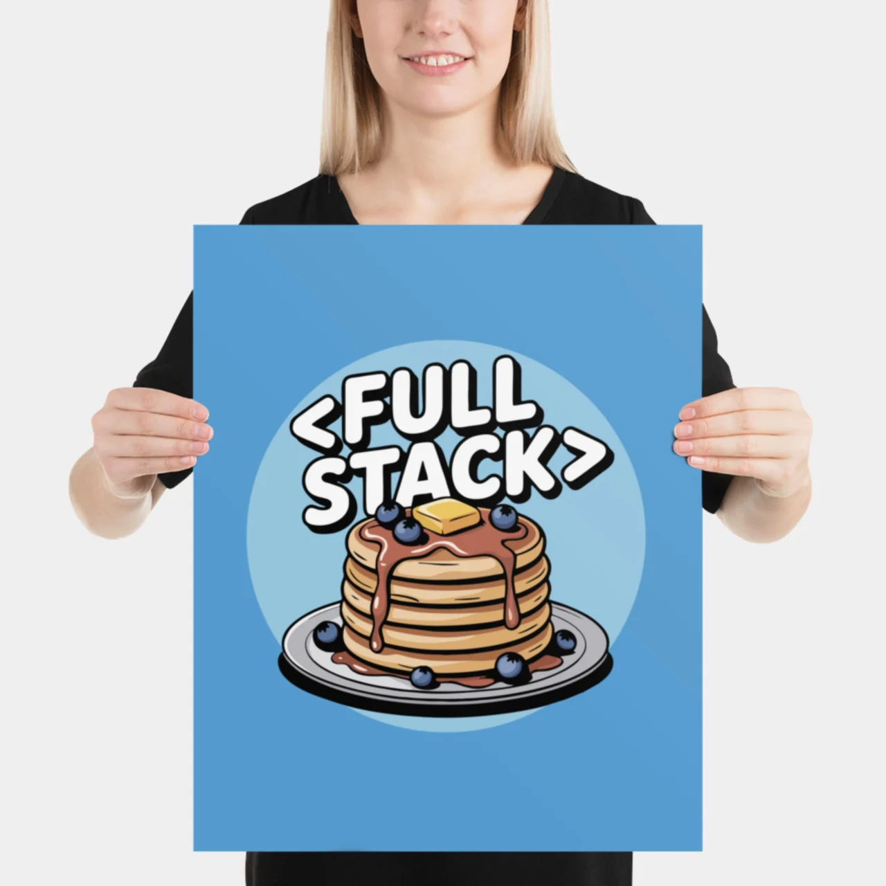 Blue FULL STACK Developer Poster featuring a plate of pancakes with syrup and blueberries. The image is labeled with the bold text "," a funny pun for Full Stack Developers. Ideal Coding Wall Art.