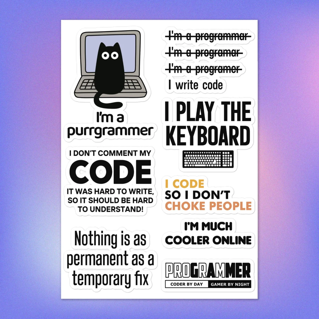 Full sheet of 8 Funny Cat Programmer Laptop Decals - Purrgrammer Sticker Pack including a black cat on a laptop, "I Code So I Don't Choke People," and "Nothing is as permanent as a temporary fix."