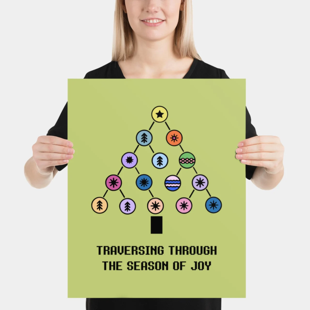 Light green Funny Coding Christmas Tree Wall Art featuring a Binary Tree data structure decorated as a Christmas tree with colorful ornaments. Text reads: "TRAVERSING THROUGH THE SEASON OF JOY." Ideal Coding Christmas Tree Poster and Tech Holiday Decor.