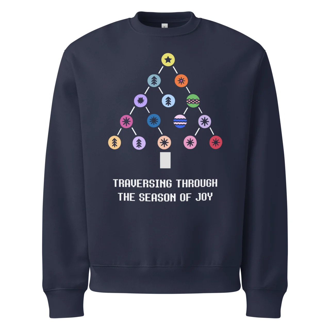 Navy crewneck Funny Computer Science Programmer Christmas Sweater with a colorful pixel art Christmas tree structured like a Data Structure Tree. Text reads: "TRAVERSING THROUGH THE SEASON OF JOY". This is a Computer Science Programmer Sweatshirt.
