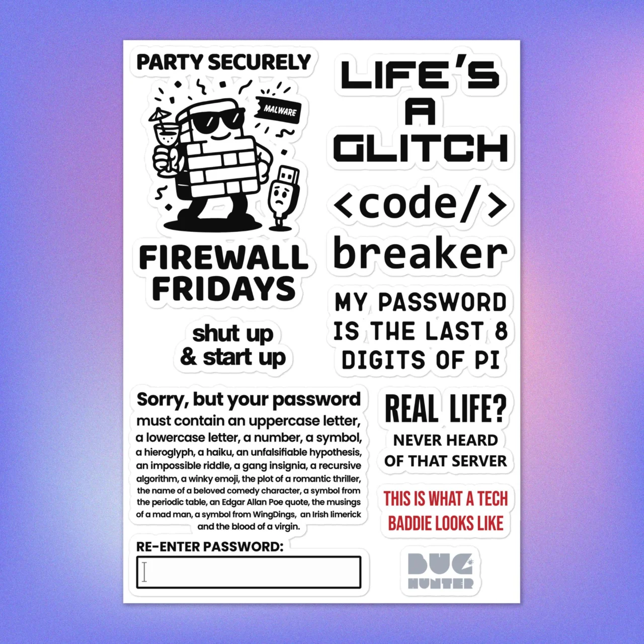 Funny cybersecurity sticker pack sheet with Firewall Fridays, Life's A Glitch, My Password Is Pi, Tech Baddie and password humor laptop decals for sysadmins