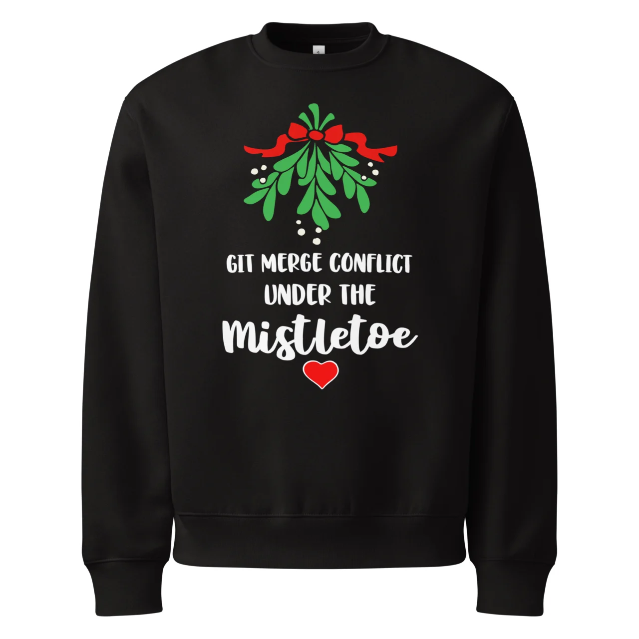 Black Funny Developer Christmas Jumper featuring a mistletoe graphic and the text: "GIT MERGE CONFLICT UNDER THE MISTLETOE". This is a Funny Developer Git Humor Christmas Sweatshirt.